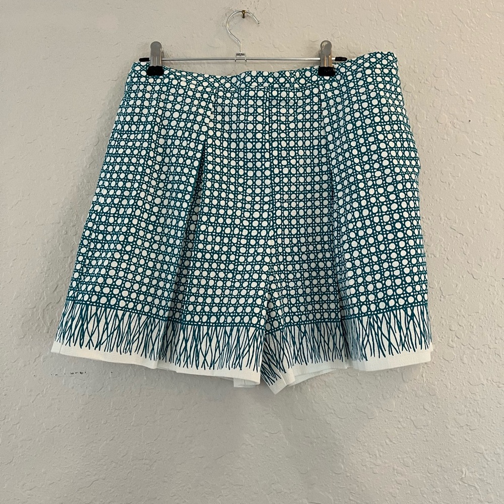 Trina Turk Teal and White Geometric Fringe-Hem Bermuda Shorts